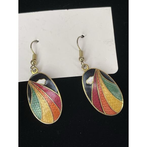 Vintage Gold Rainbow Oval Pierced Dangle Earrings Unique 80s - Picture 1 of 5